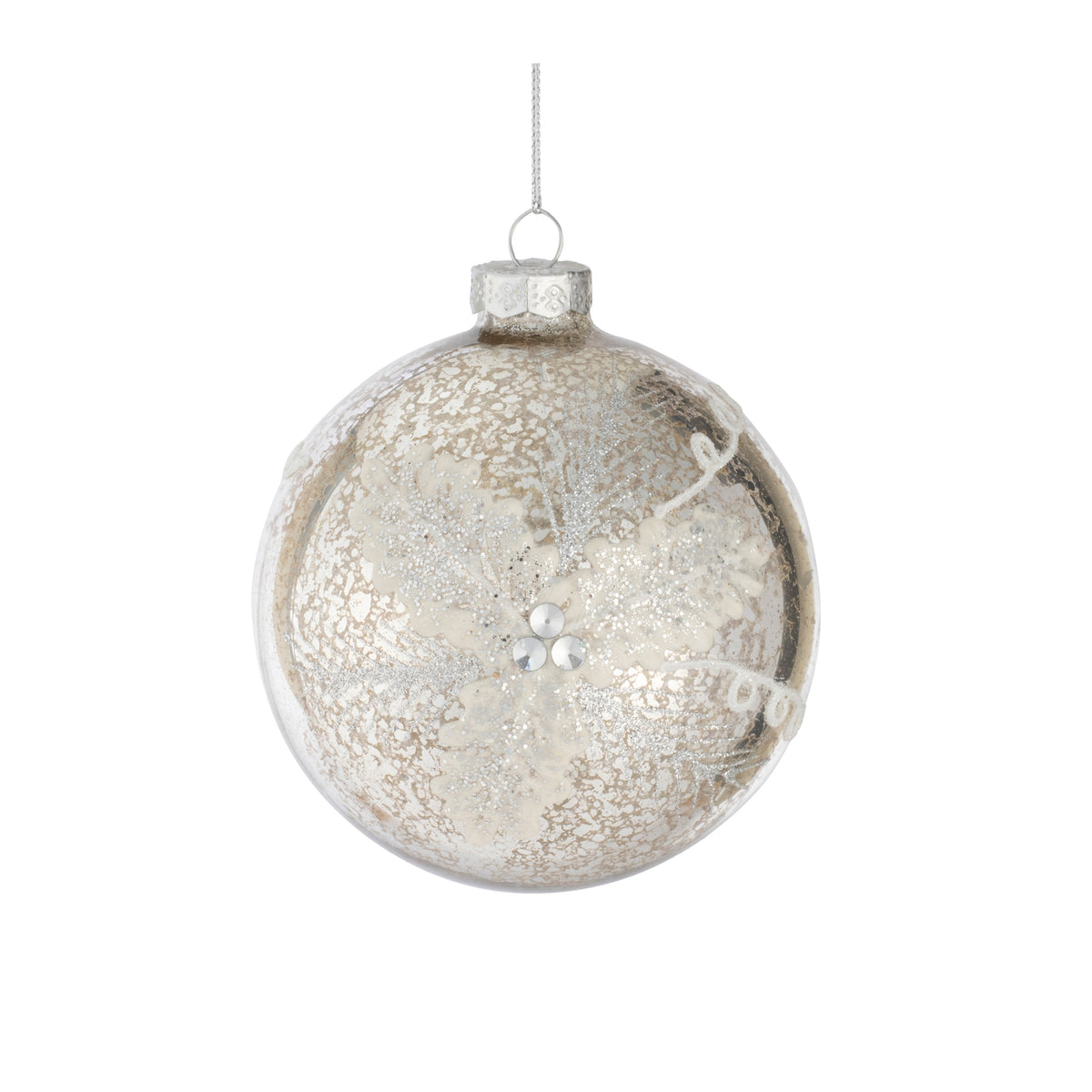 Mottled Silver and Glittered Glass Ornament