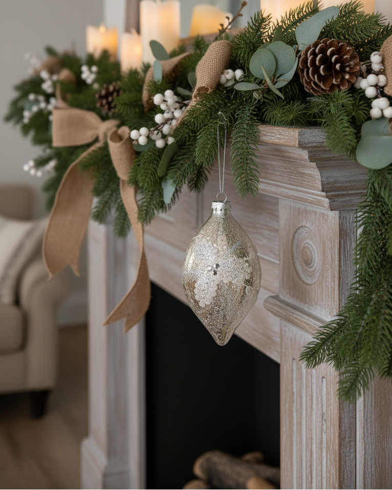 Mottled Silver and Glittered Glass Ornament