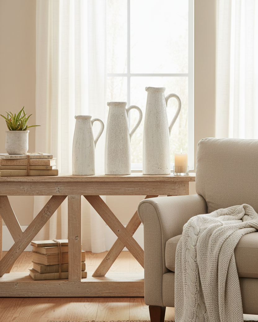 Distressed White Ceramic Crackle Pitcher
