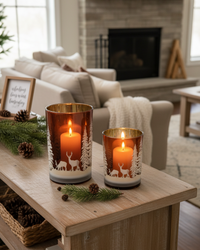 Deep Red with Trees and Deer Glass Candle Holder