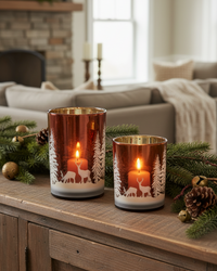 Deep Red with Trees and Deer Glass Candle Holder