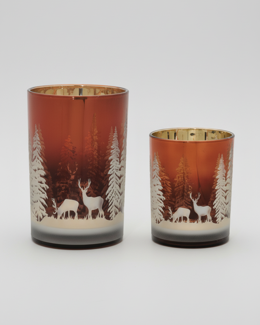 Deep Red with Trees and Deer Glass Candle Holder
