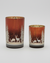 Deep Red with Trees and Deer Glass Candle Holder