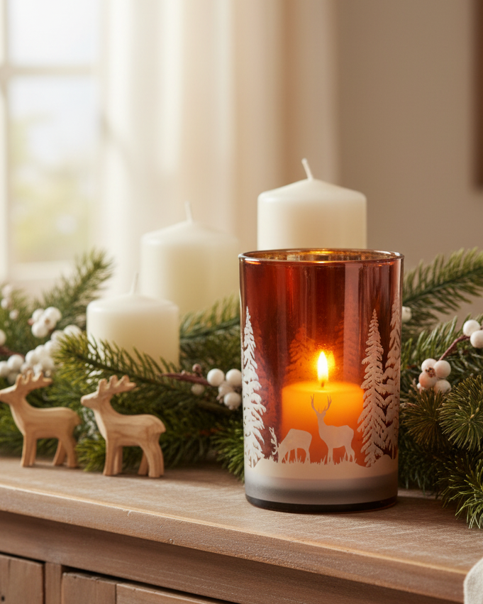 Deep Red with Trees and Deer Glass Candle Holder
