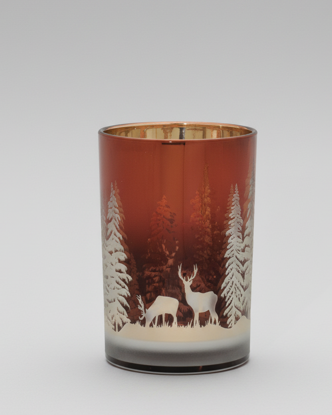Deep Red with Trees and Deer Glass Candle Holder