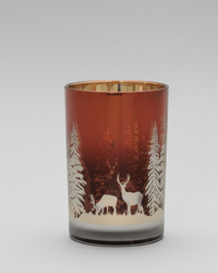 Deep Red with Trees and Deer Glass Candle Holder