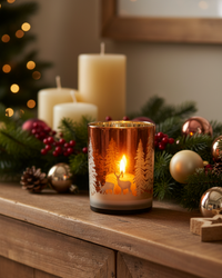 Deep Red with Trees and Deer Glass Candle Holder