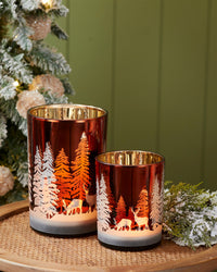 Deep Red with Trees and Deer Glass Candle Holder