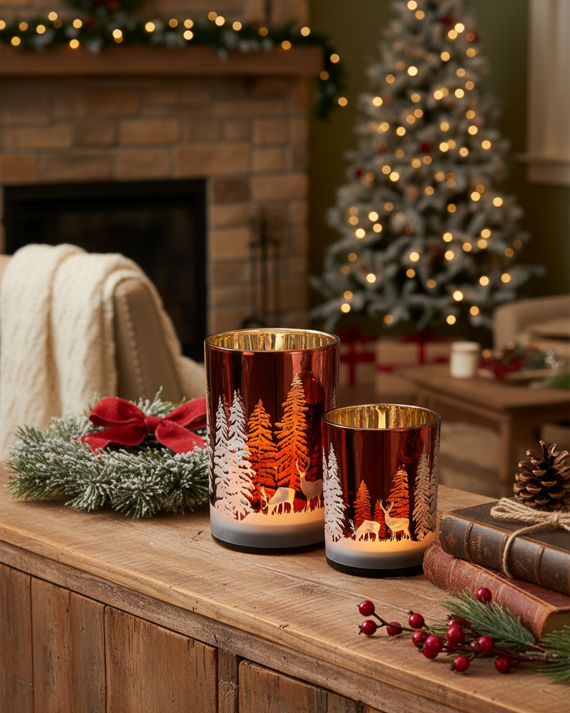 Deep Red with Trees and Deer Glass Candle Holder