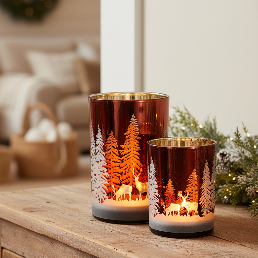 Deep Red with Trees and Deer Glass Candle Holder