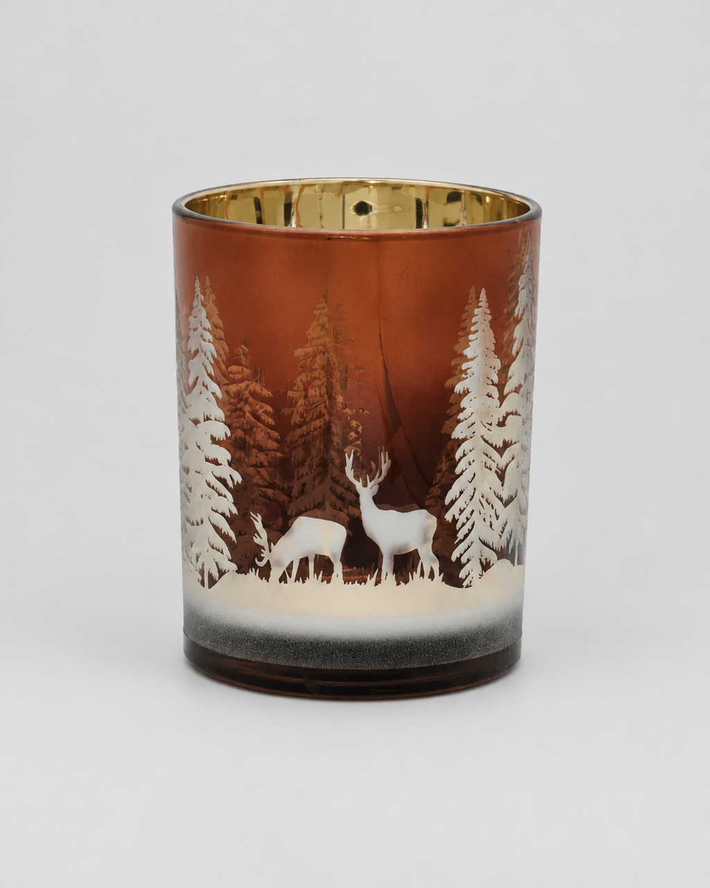 Deep Red with Trees and Deer Glass Candle Holder