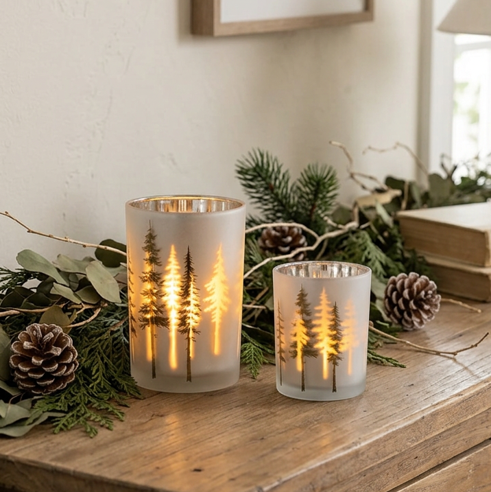 Frosted White with Trees Glass Candle Holder