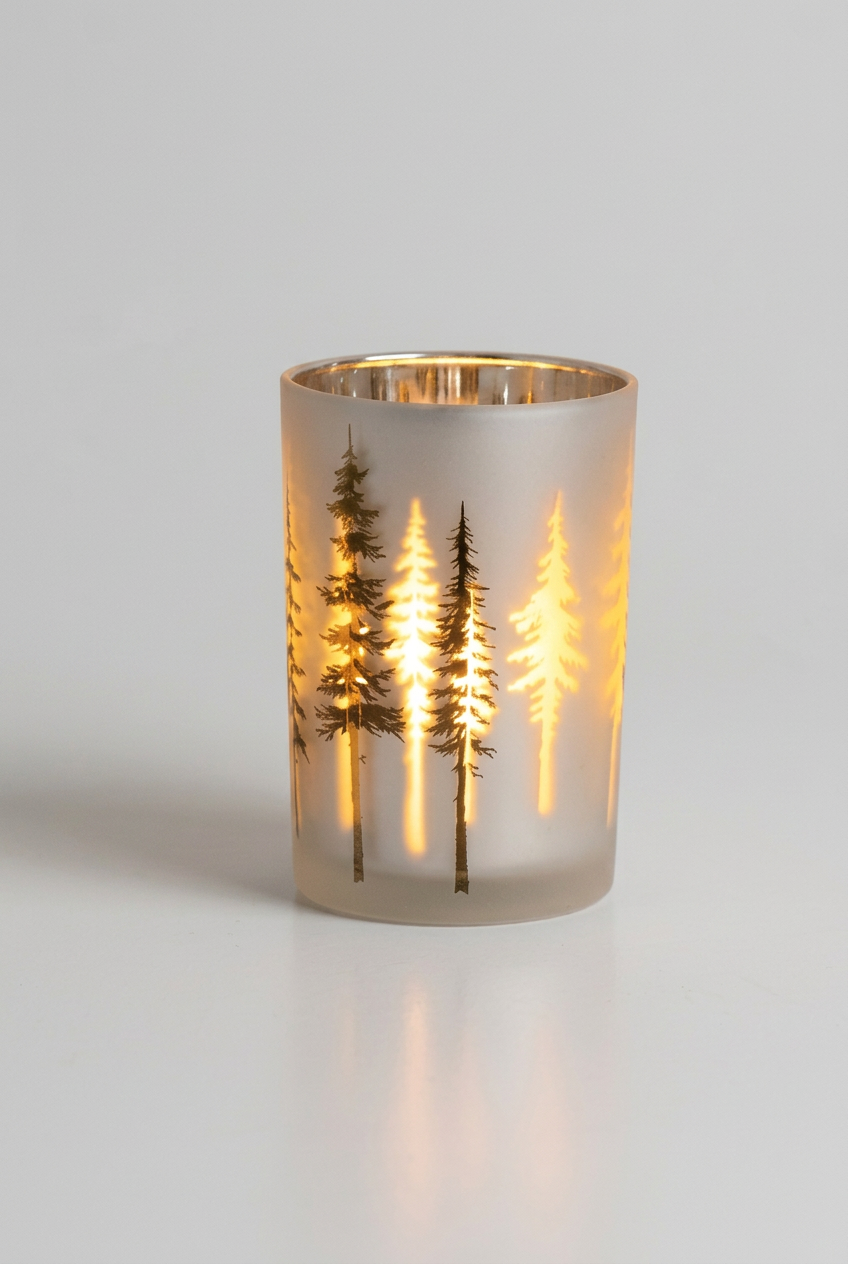 Frosted White with Trees Glass Candle Holder