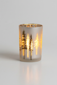 Frosted White with Trees Glass Candle Holder