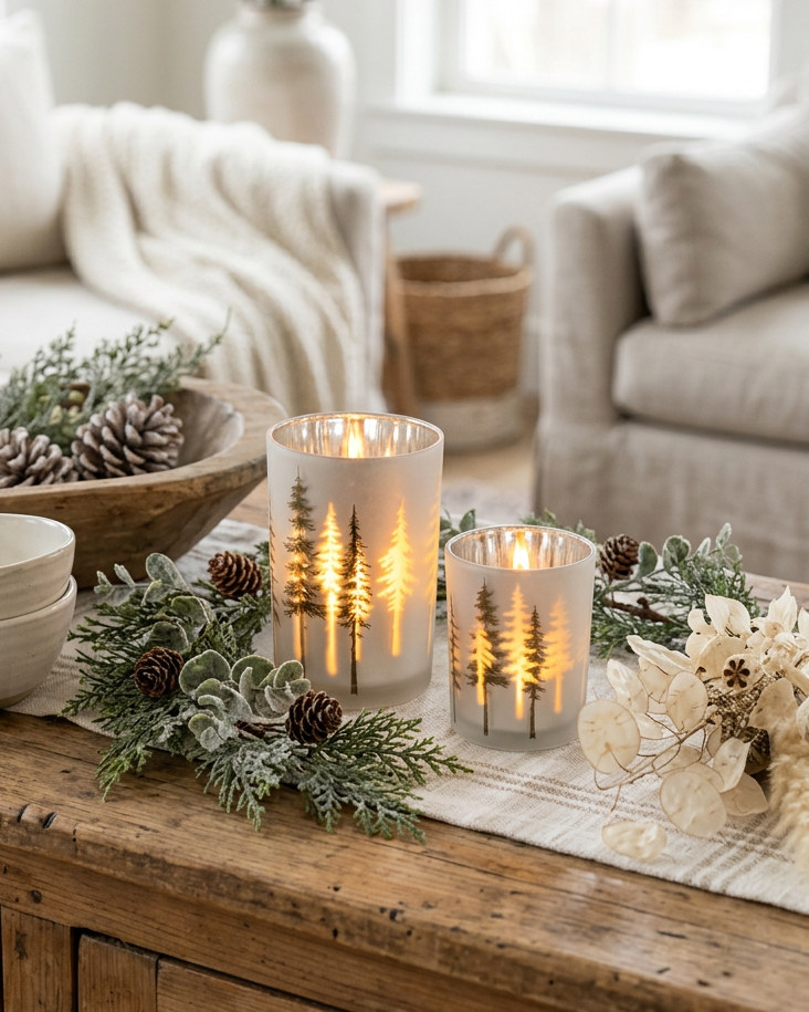 Frosted White with Trees Glass Candle Holder