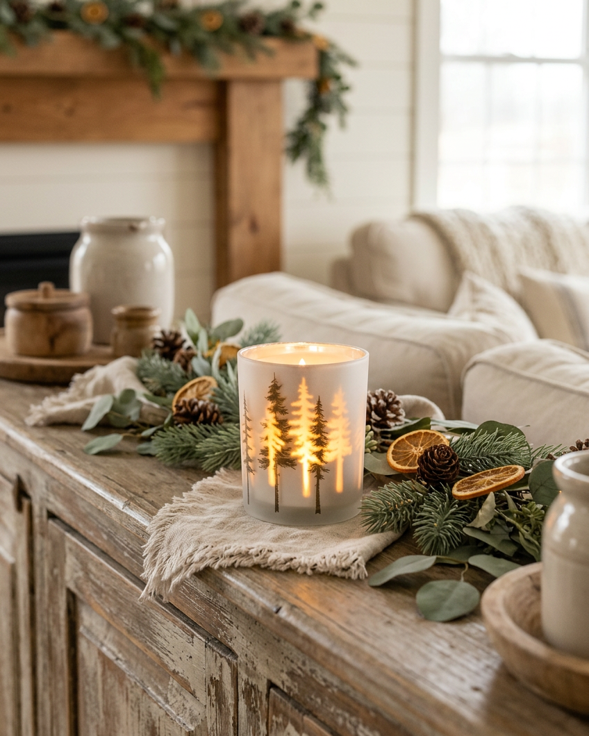 Frosted White with Trees Glass Candle Holder