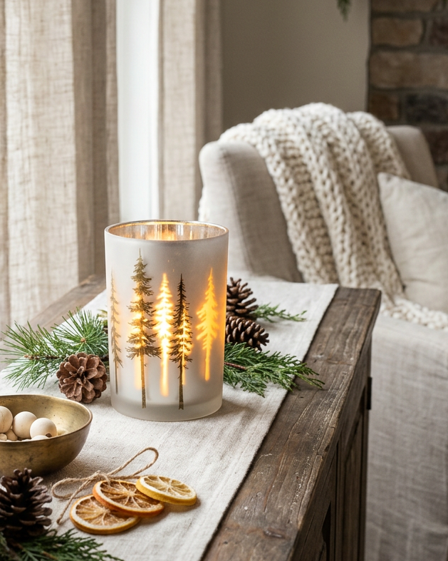 Frosted White with Trees Glass Candle Holder