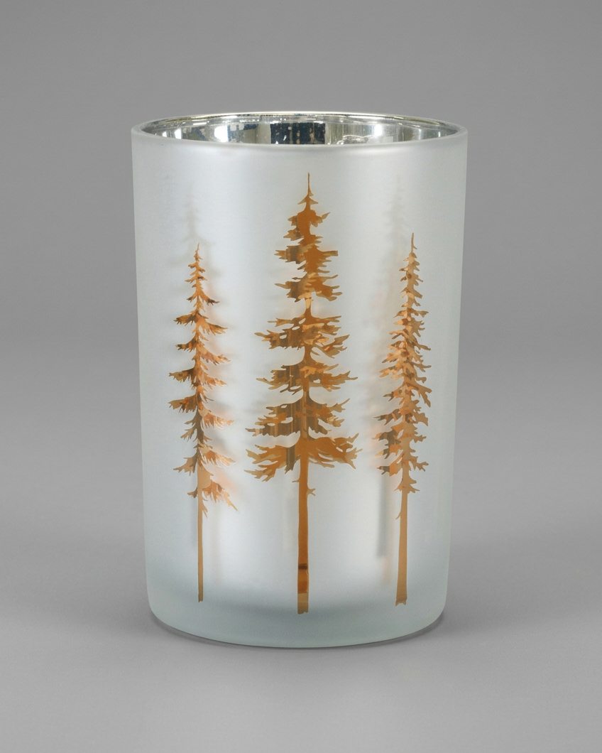 Frosted White with Trees Glass Candle Holder
