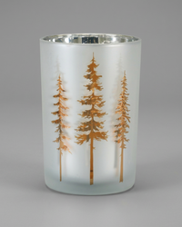 Frosted White with Trees Glass Candle Holder