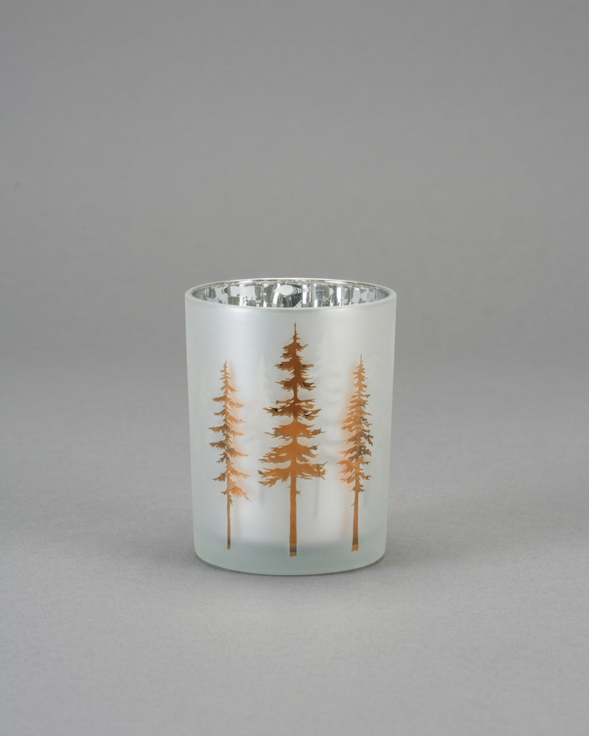 Frosted White with Trees Glass Candle Holder