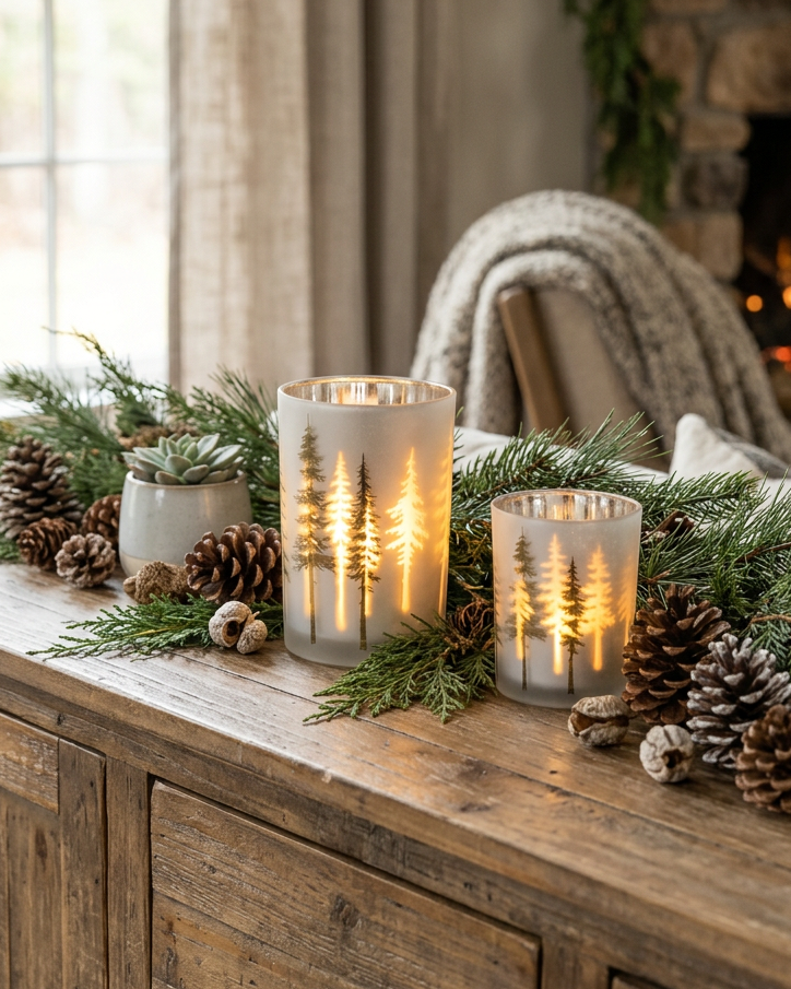 Frosted White with Trees Glass Candle Holder
