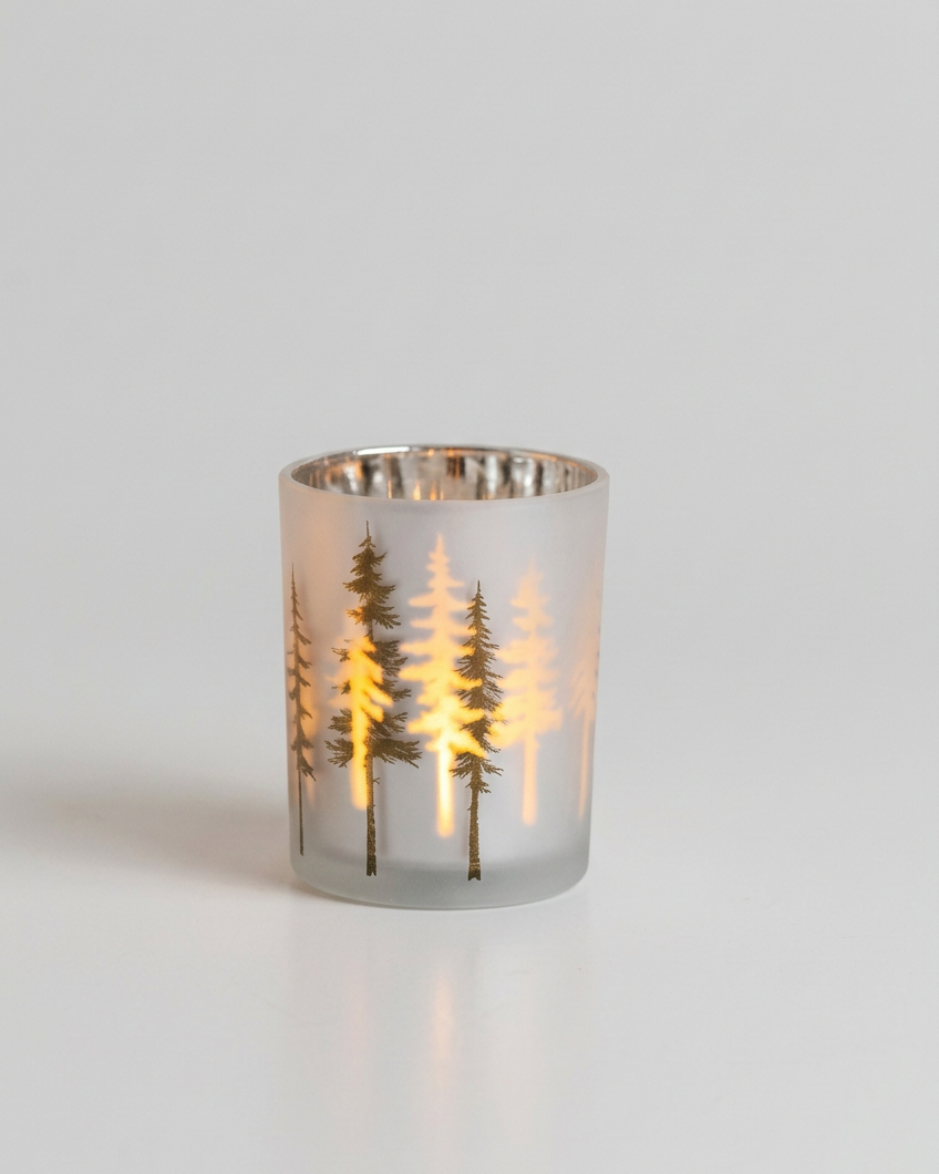 Frosted White with Trees Glass Candle Holder
