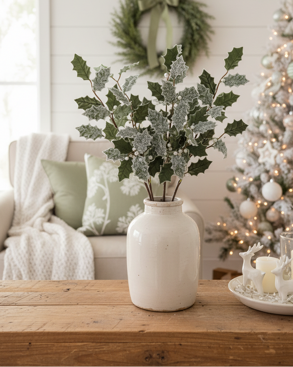 Sage Glittered Holly Spray 26"H