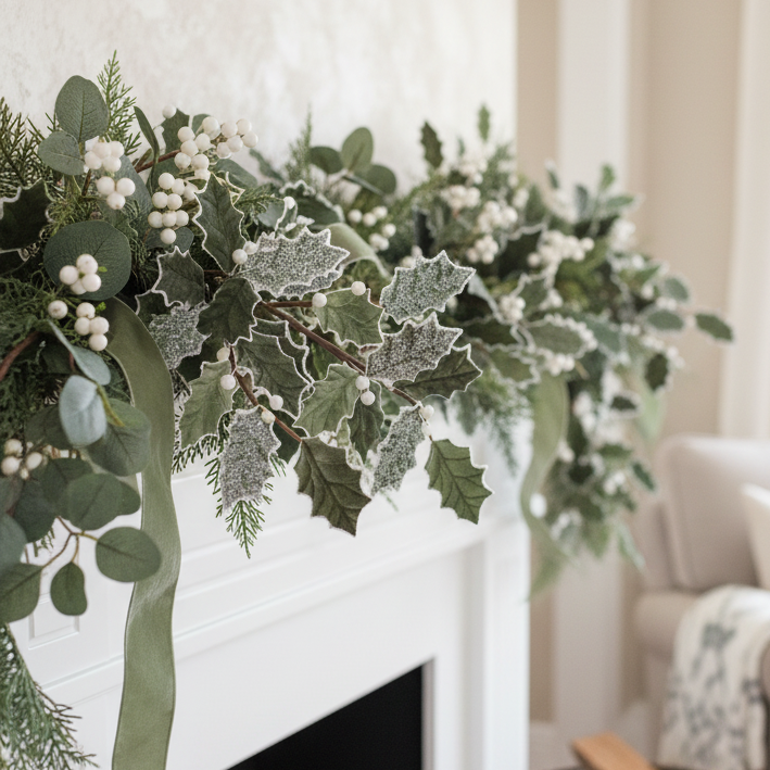 Sage Glittered Holly Spray 26"H