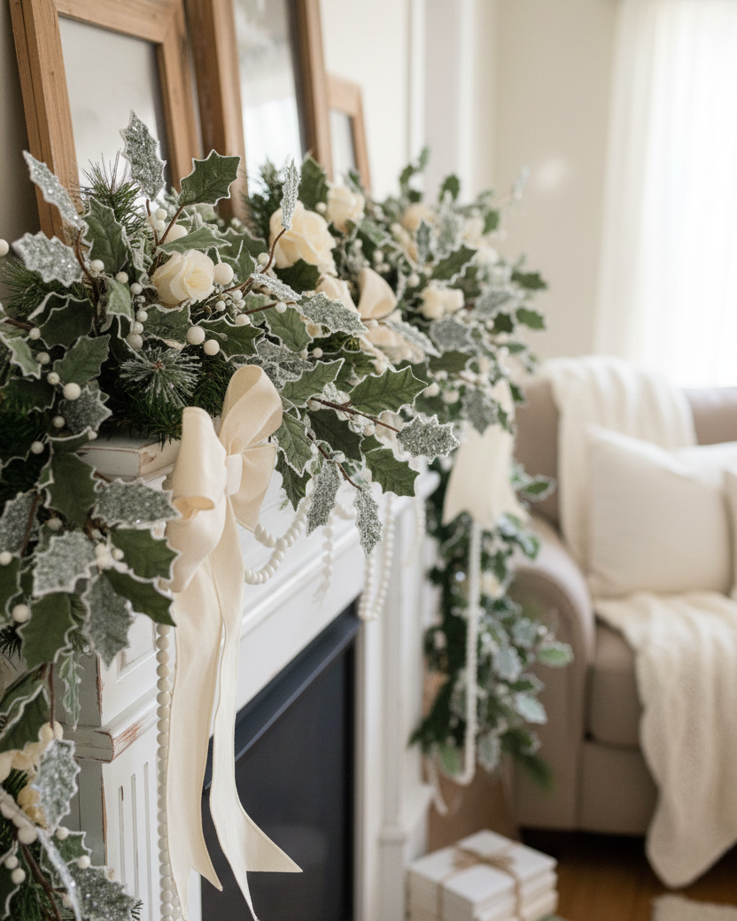 Sage Glittered Holly Spray 26"H