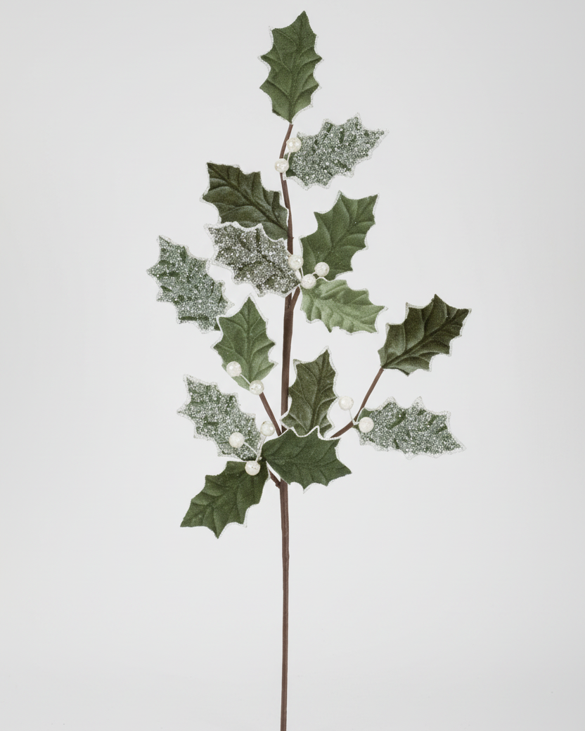 Sage Glittered Holly Spray 26"H