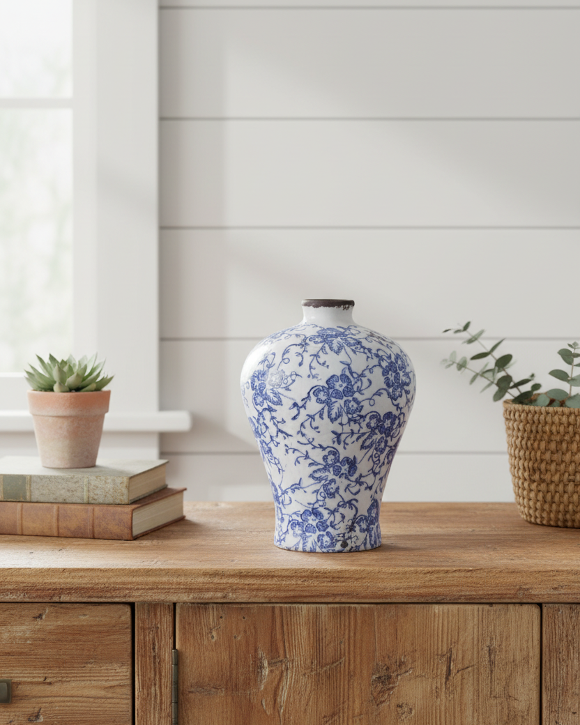 Blue and White Floral Ceramic Bud Vase