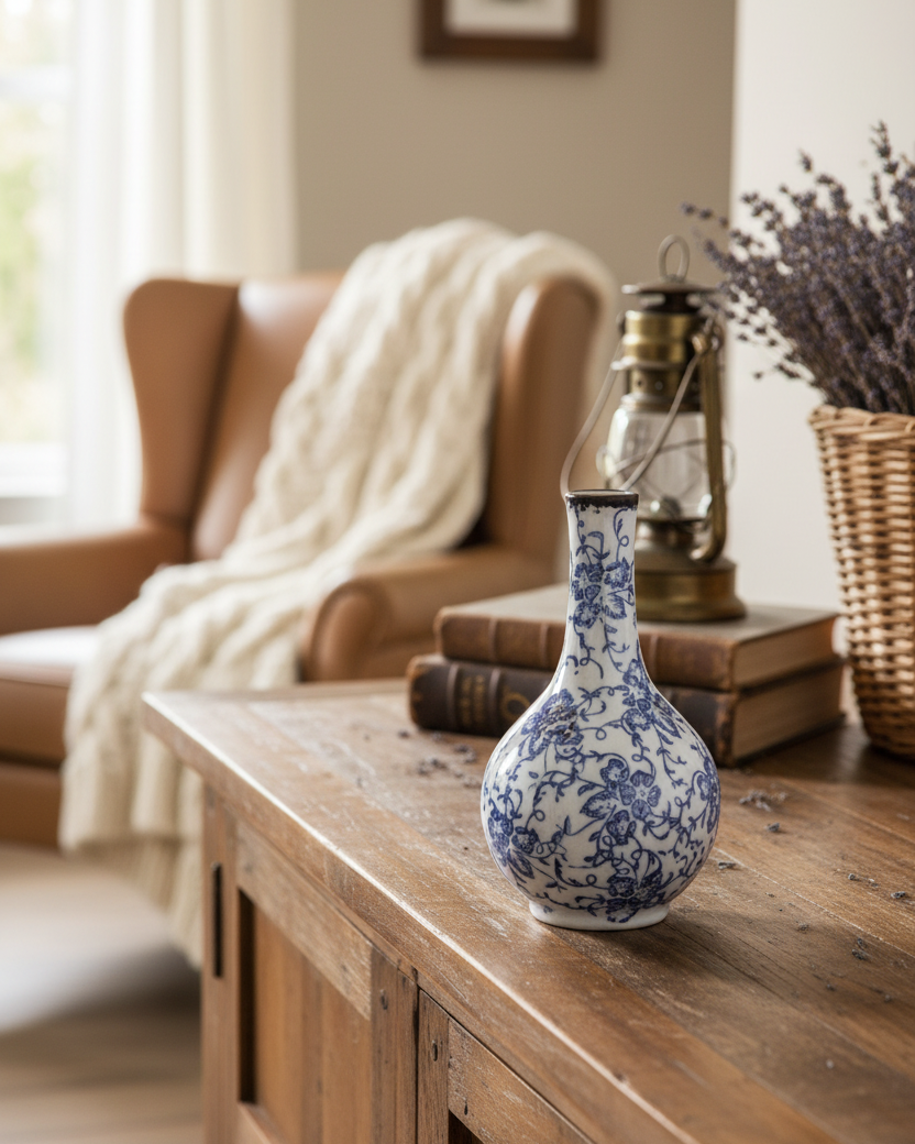 Blue and White Floral Ceramic Bud Vase
