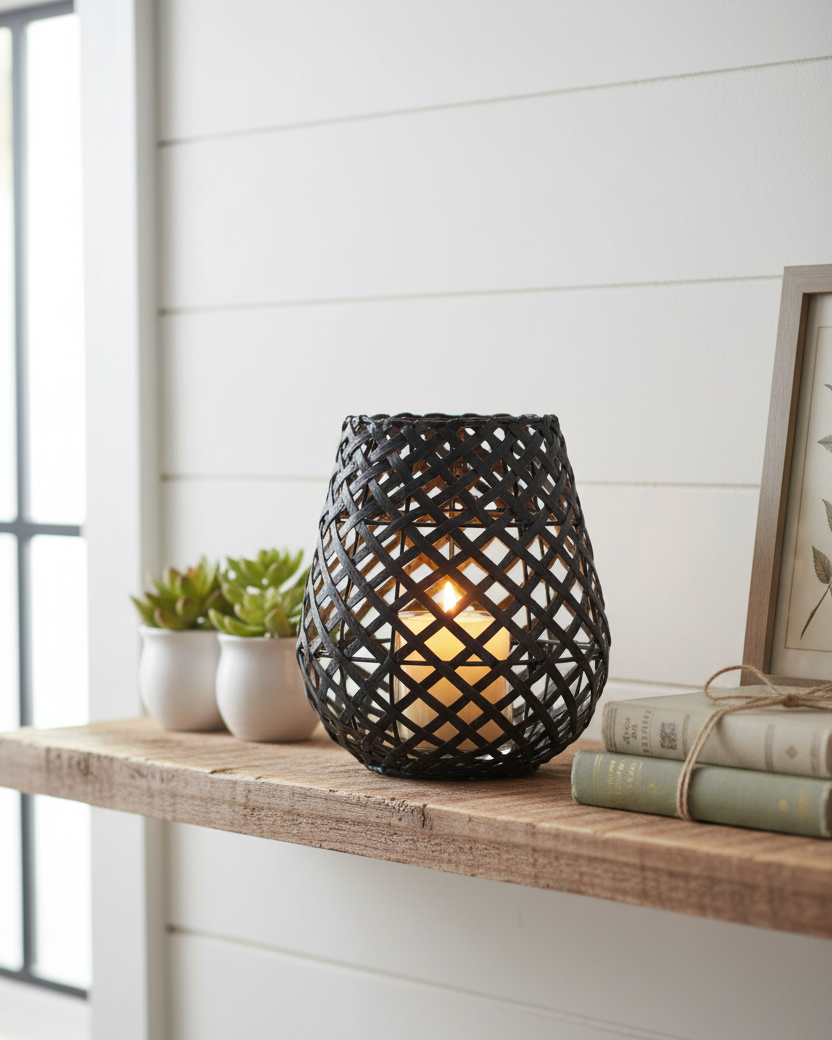Black Woven Wood Candleholder Lantern
