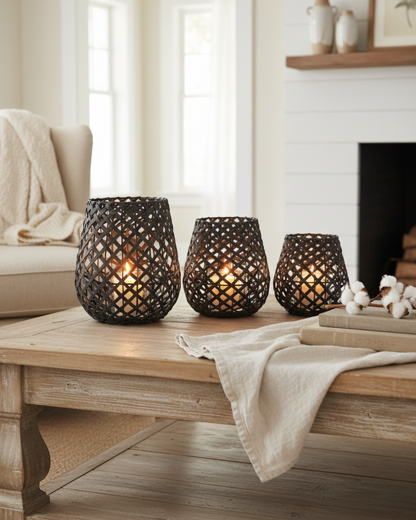 Black Woven Wood Candleholder Lantern