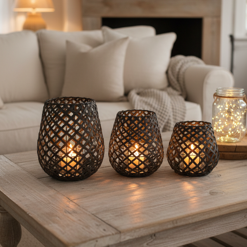 Black Woven Wood Candleholder Lantern