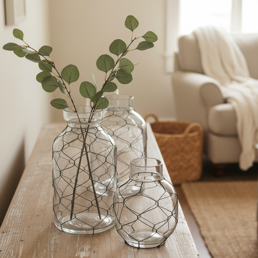 Glass Jar with Black Chicken Wire