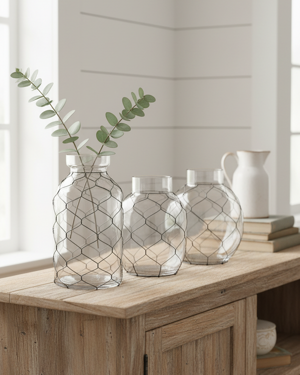 Glass Jar with Black Chicken Wire