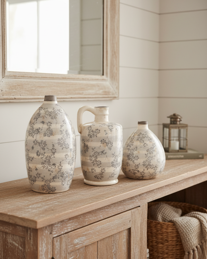 Vintage Grey Floral Ceramic Crackle Vase