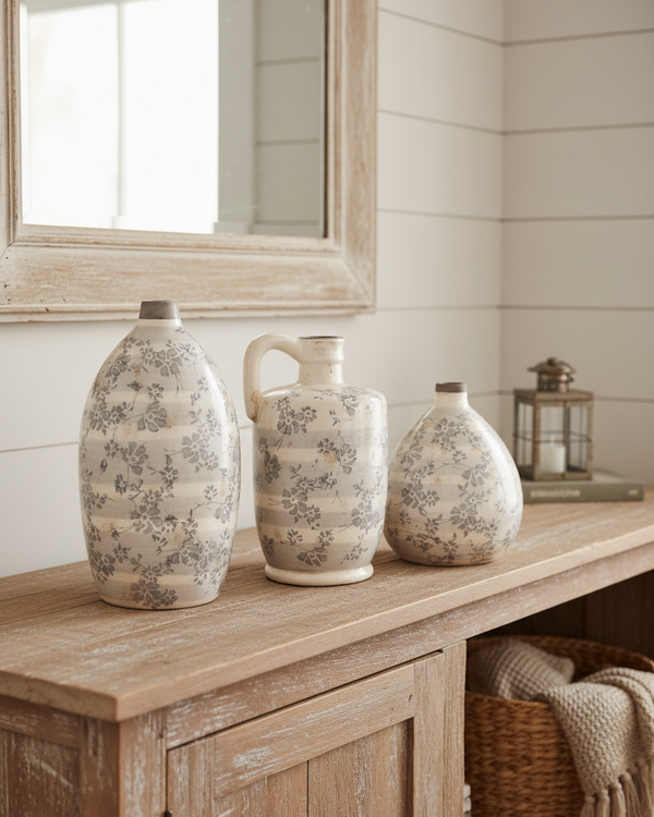 Vintage Grey Floral Ceramic Crackle Vase