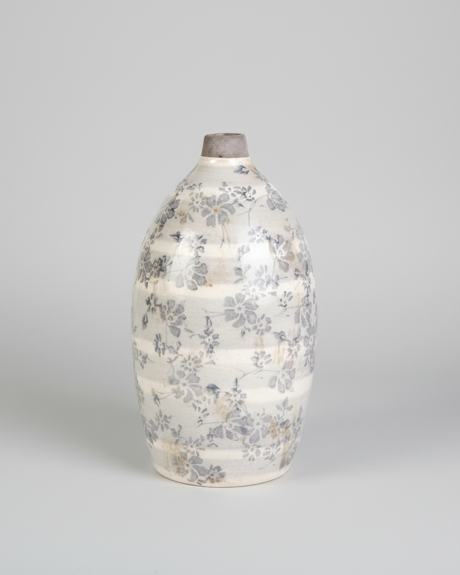 Vintage Grey Floral Ceramic Crackle Vase