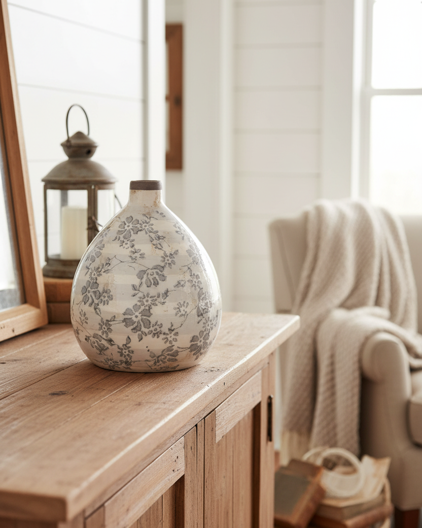 Vintage Grey Floral Ceramic Crackle Vase