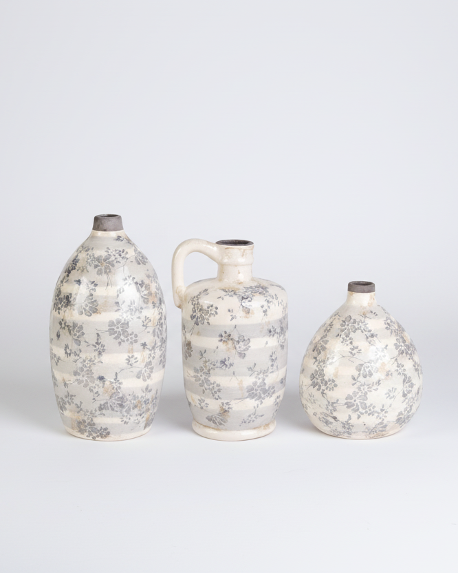 Vintage Grey Floral Ceramic Crackle Vase