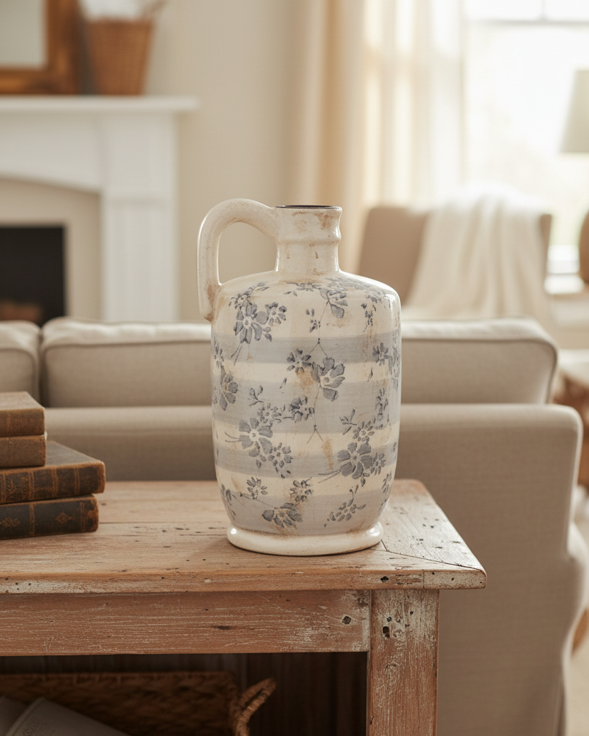 Vintage Grey Floral Ceramic Crackle Vase