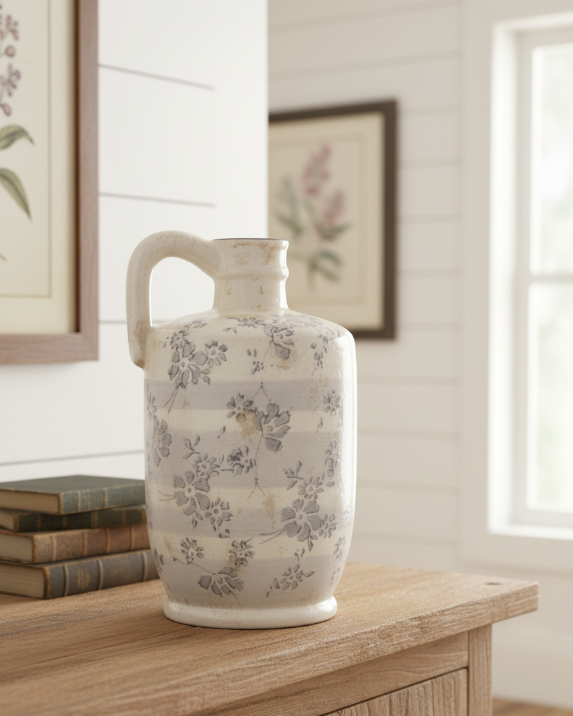 Vintage Grey Floral Ceramic Crackle Vase