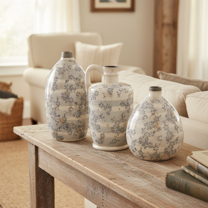 Vintage Grey Floral Ceramic Crackle Vase