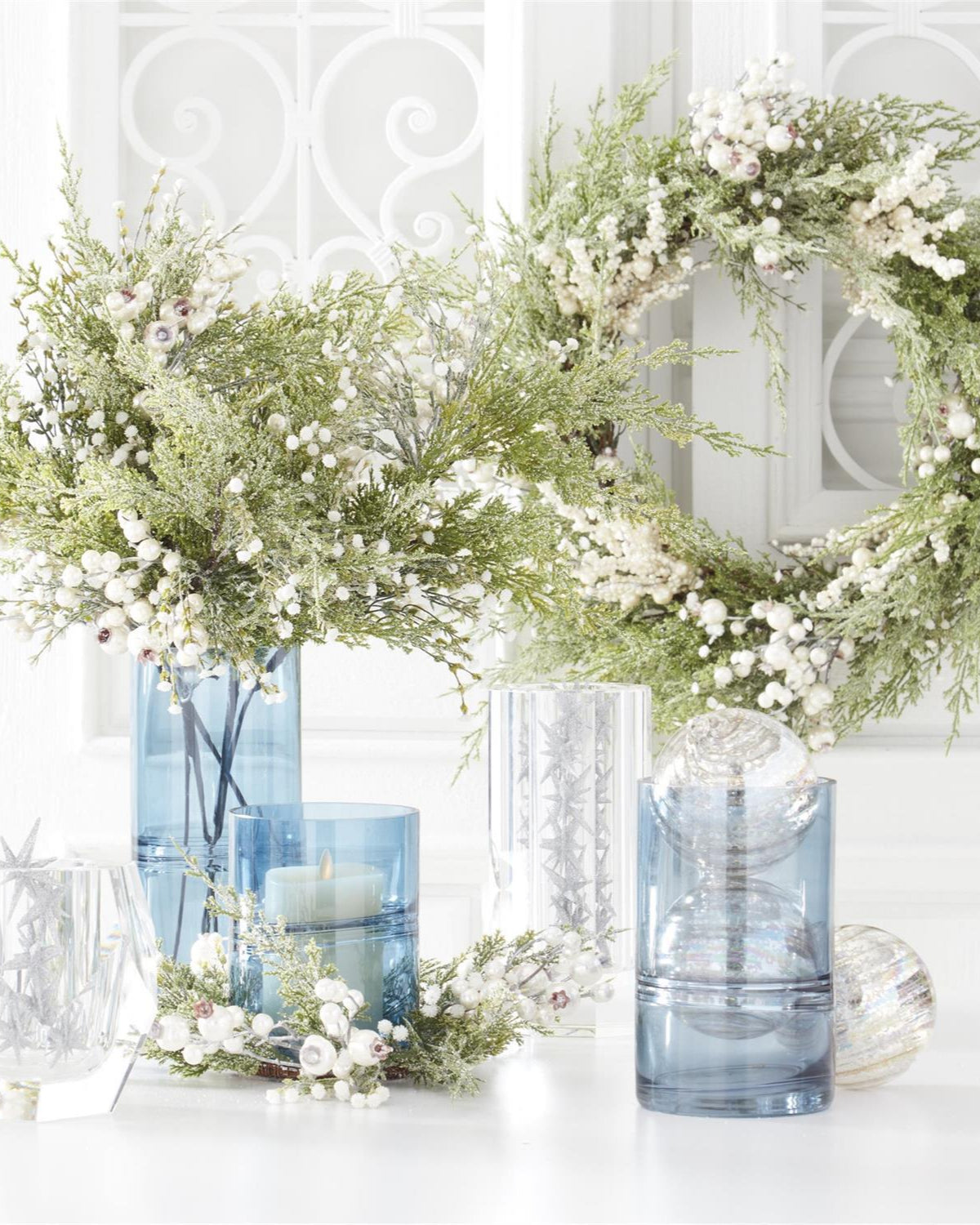 Blue Glass Cylinder Vase with Inlayed Stripes