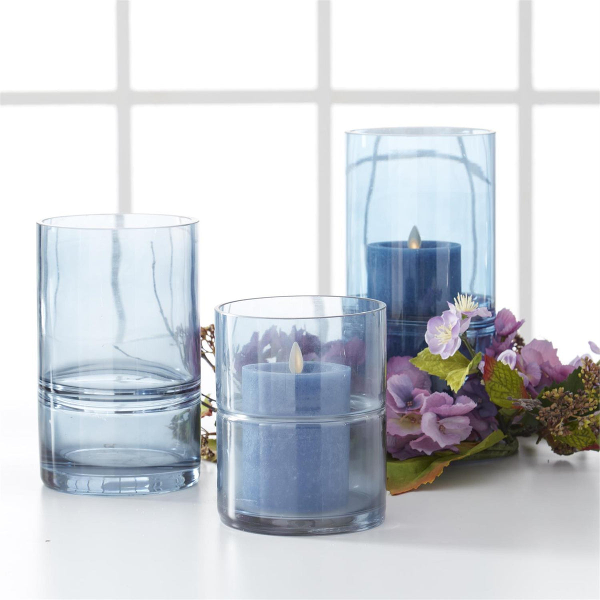 Blue Glass Cylinder Vase with Inlayed Stripes