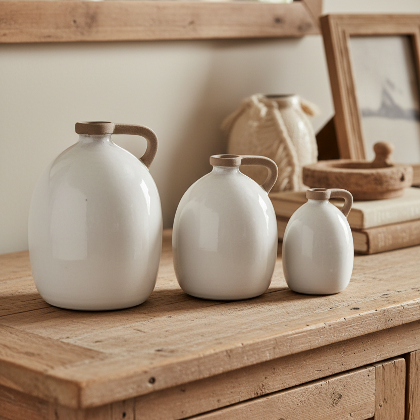 White Ceramic Jug With Natural Handle