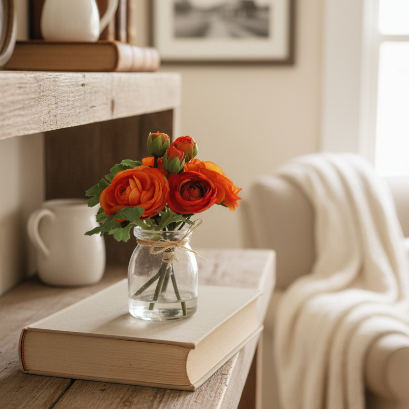Mini Orange Ranunculus in Glass Vase With Faux Water