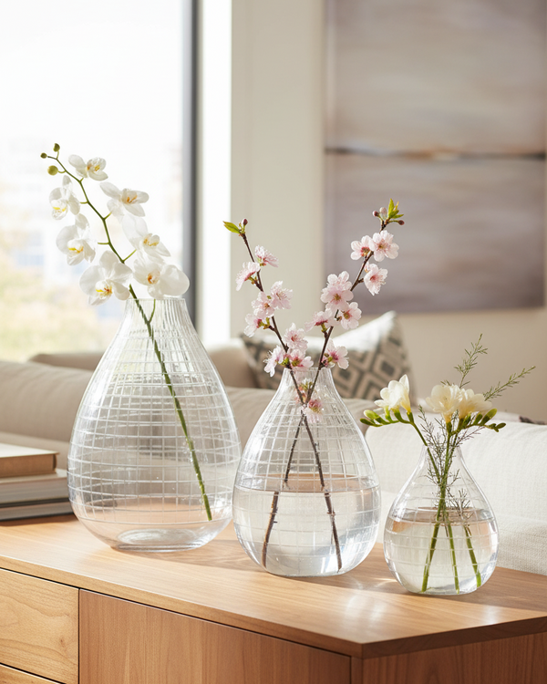 Etched Tear Drop Clear Glass Vase